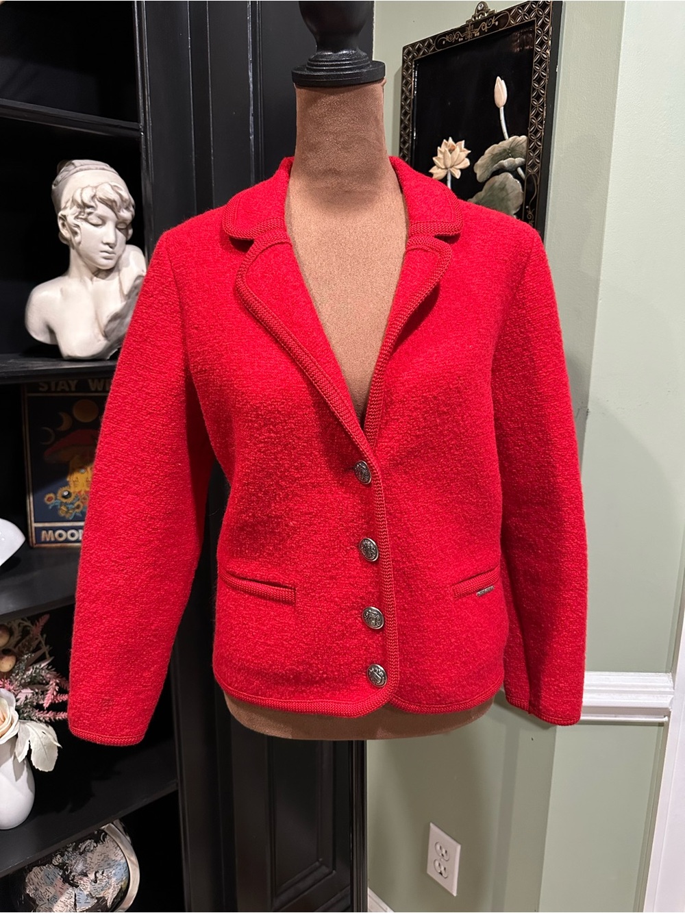 Geiger Red Wool Silver‑Button Blazer – Size 38 (Fits US Medium)